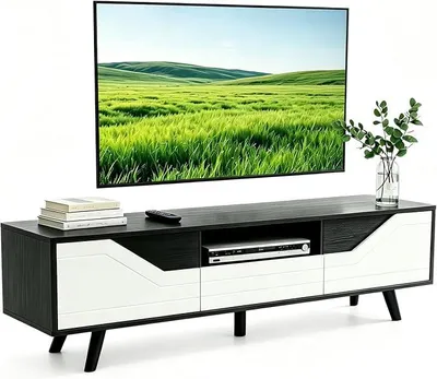 Imagen del producto de Mueble de TV de 140 cm, mueble bajo para TV de pie con orificio para cables, mueble de televisión con 2 puertas y 1 cajón, mesa de televisión de madera para televisores de hasta 60 pulgadas, mueble para TV para salón o dormitorio