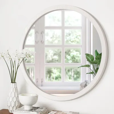 Immagine prodotto di Specchio da parete rotondo, diametro 61 cm, con cornice in legno bianco, ideale per bagno, soggiorno o camera da letto