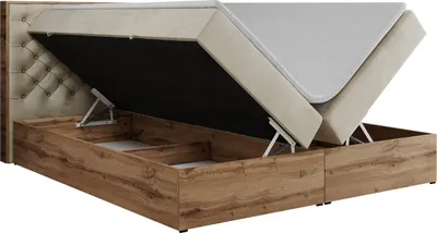 Produktbild von Boxspringbett, Deko, Doppelbett, Polsterbett mit Bettkästen und Multipocket-Matratze, Eiche Wotan holzrahmen - Albero-3 - 160x200cm - Beige Velvet - H3
