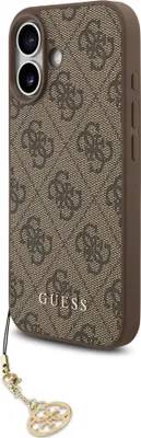 A close-up view of a brown GUESS phone case with a repeating logo pattern and a gold charm attached to a strap.