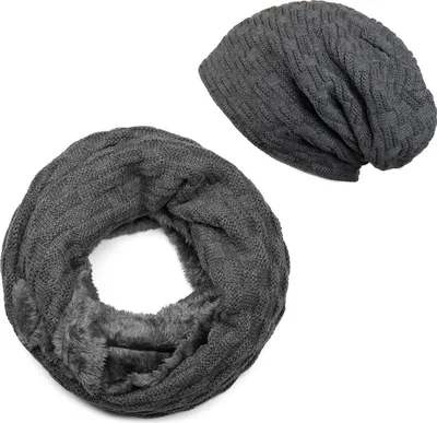 Produktbild von styleBREAKER Strick Loop Schal und Beanie Mütze Set mit Flecht Muster, Fleece Innenfutter, Winter, Uni 01018211
