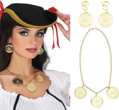 Image de Ensemble de bijoux de pirates Costume de Carnaval Accessoire Collier Boucles d'oreilles Trésors d'or Carnaval Look Aventure Mer, Couleur : Or