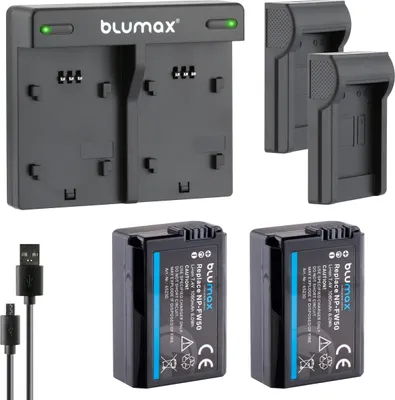 Produktbild von 2x Akku + Lader für Sony NP-FW50 Alpha  6500 7 II 7R 7S  NEX 7 RX10 1080 mAh