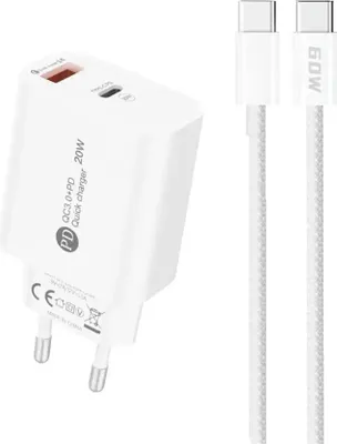 Obrázok produktu pre A6Maxc 20W Usb-A Usb-C nástenná nabíjačka s 1M Usb-C - Usb-C káblom - biela