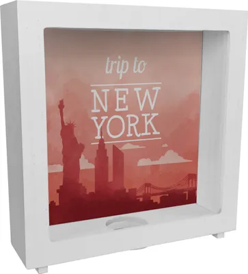 Produktbild von Rahmen Spardose aus Holz mit schönem Motiv und Text - Trip to New York in rot