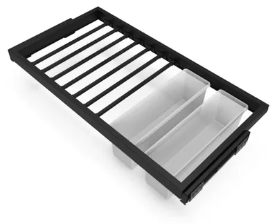 Imagen del producto de Kit de 7 estantes, 2 bandejas y pantalones para armario de 900 mm, en acero negro, marca Emuca