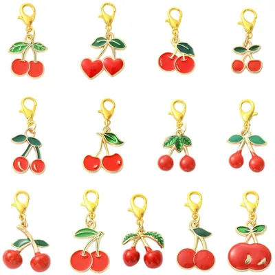 26 Kirsch-Emaille-Clip-Anhänger, 13 Stile, Imitat-Frucht, mit Karabinern