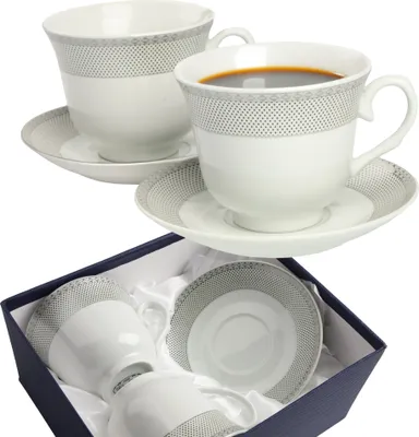 Zdjęcie produktu dla Zestaw Filiżanek Z Talerzykami Na Prezent 250 Ml Porcelana Do Kawy Herbaty Białe