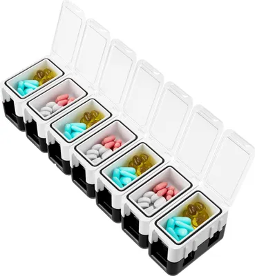 Produktbild von Medikamenten-Tabletten-Organizer für unterwegs, wöchentlich herausnehmbarer Pillensortierer, luftdicht, feuchtigkeitsbeständig, Medikamententeiler mit Etikettenschlitzen für die Medikamentenverwaltung
