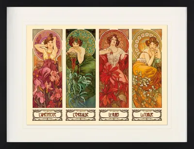 Obrázek produktu pro Alfons Mucha Zarámovaný obraz s elegantním paspartováním | Obrazy na zeď | V rámu - Čtyři drahokamy, 1900 (60 x 80 cm)
