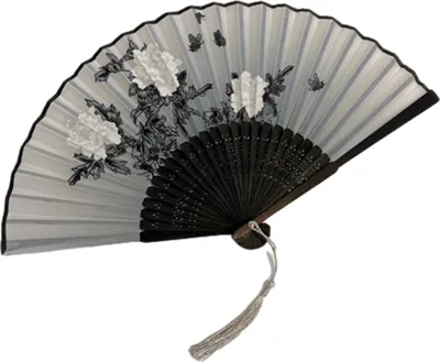A single hand fan is displayed against a white background.