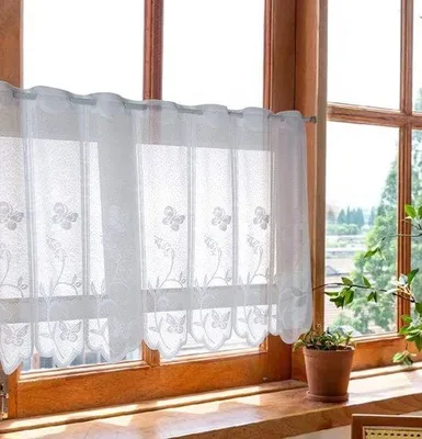 Produktbild von Ibenzoa® Transparente Jacquard-Vorhänge aus Polyester mit Blumenmuster, geschwungener Saum & Ösenband (für Stangen bis 2,5 cm) – lichtdurchlässig, Küche/Landhaus