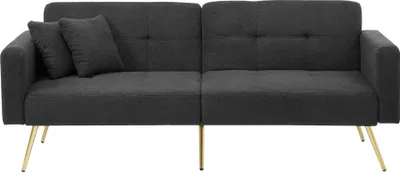 Zdjęcie produktu dla Sofa rozkładana Sweiko z funkcją spania, regulowanym kątem nachylenia, złotymi nóżkami, poduszkami i bocznymi kieszeniami do przechowywania