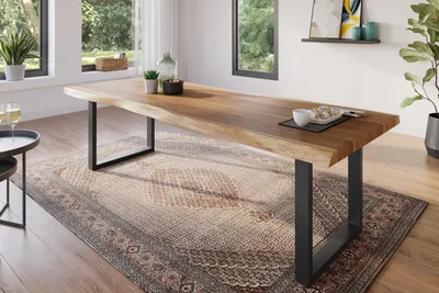 Produktbild von Esstisch 300 x 100 cm Akazie massiv natur Baumkantentisch U-Gestell schwarz ATLAS
