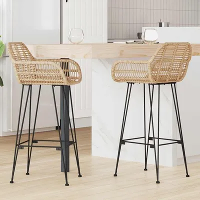 Produktbild von Barstuhl 2er Set Rattan und Eisen 55 x 52 x 105 cm, mit Armlehne Rückenlehne und Fußstütze, für Küche Tresen Esszimmer Bistro Lounge