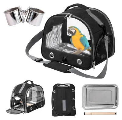 Vogel-Transportbox mit Sitzstange, Edelstahlschale, schwarz