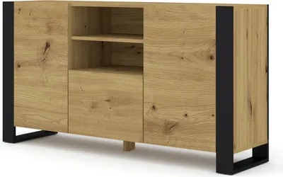 A wooden sideboard with black legs against a white background.