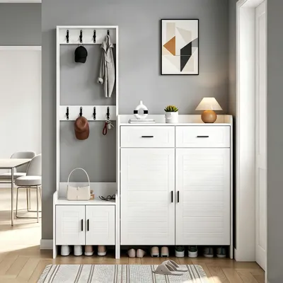 Productafbeelding van Garderobe- en schoenenkastset voor de entree, witte garderobekast met twee deuren, 125 cm breed, met 12 opbergvakken
