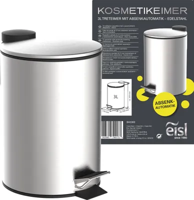 Obrázek produktu pro EISL kosmetický odpadkový koš do koupelny (3 litry) z nerezové oceli, odpadkový koš do koupelny s tichým zavíráním, odpadkový koš s hygienickým kbelíkem, pedálový odpadkový koš