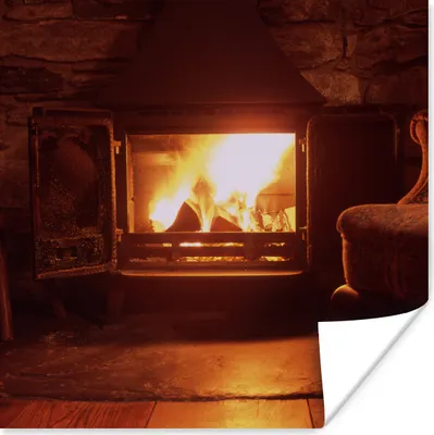 Produktbild von MuchoWow® Poster Kamin mit offener Tür 50x50 cm - Wohnzimmerdekoration