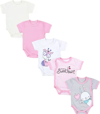Produktbild von TupTam Baby Mädchen Kurzarm Wickelbody Baumwolle 5er Set , Farbe: Streifen Giraffe Kaninchen Rosa Weiß Grau , Größe: 56