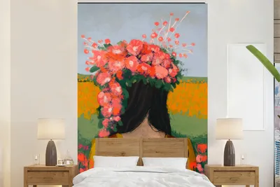 Produktbild von MuchoWow® Fototapete für Wohnzimmer oder Schlafzimmer Wandtapete Vinyl Motivtapete Porträt - Blumen - Frau - Rot - 200x300 cm - Wanddekorationen
