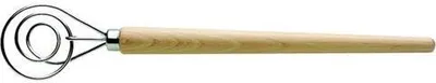 A Danish dough whisk with a wooden handle, shown against a white background.