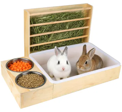 3-in-1 Futterstation mit Heuraufe, Toilette und Näpfen, Holz