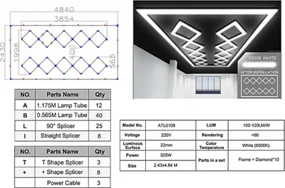Imagen del producto de Lámparas hexagonales tipo panal. Sistema de iluminación de techo, dimensiones: 4.02 x 2.91 metros.