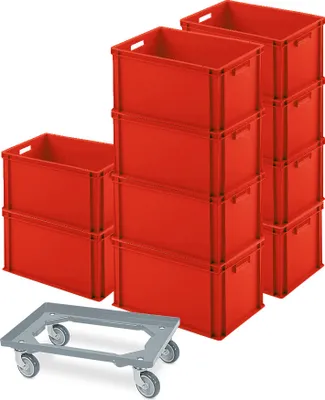 Produktbild von 10 Eurobehälter 600x400x320 mm, rot + GRATIS Schwerlast-Transportroller