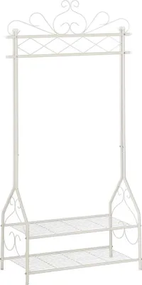 Produktbild von Unyqoos® Freistehender Kleiderständer im Vintage-Look – Garderobe mit Kleiderstange & 2 Ablagen, Metall, gebrochenweiß, 92 x 173 x 41 cm (B x H x D)