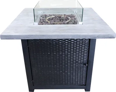 Obrázek produktu pro Teamson Home Venkovní zahradní ratanový plynový stolní hořák, bezkouřové ohniště, ohřívač nábytku na terasu se skleněnou zástěnou, lávovými kameny a krytem