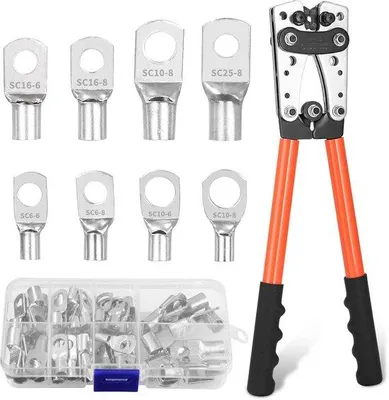 Produktbild von Krimpzange Set für Kabelschuhe (6-50 mm²) - Inklusive 60 Kupfer-Ringkabelschuhe