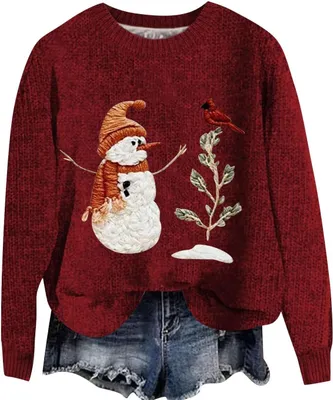 Produktbild von ASKSA Damen Lustige Weihnachtspullover Strickpullover Winter Rundhals Pulli Christmas Sweater Langarm Oberteile Warm Weihnachtspulli,A-Rot,2XL