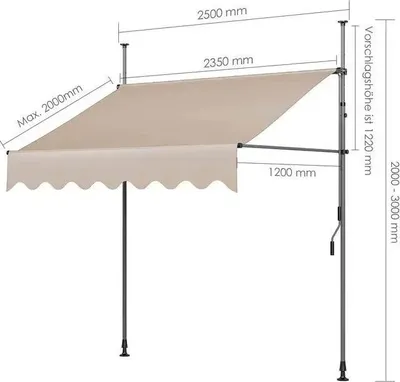 Obrázek produktu pro Svěrná markýza na balkon - Ruční klika - Velikost 2,5 x 1,2 m - Montáž bez vrtání - UV ochrana - Nastavitelná výška - Výsuvná - Žlutá barva