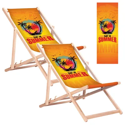 Immagine prodotto di 2 sedie a sdraio in legno di faggio per la spiaggia e il giardino con la scritta «Enjoy»