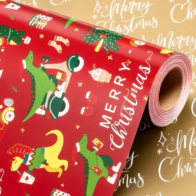 Obrázek produktu pro Rolka červeného balicího papíru, 43 cm x 10 m, motiv dinosauři, vánoční motiv, Veselé Vánoce