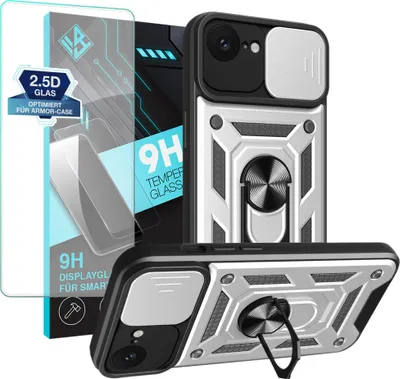 Produktbild von Armor Handyhülle für Apple iPhone 16e mit 9H Displayglas Displayschutz Kameraschutz Handy Panzer Case Cover Schutzhülle Outdoor Farbe: Silber