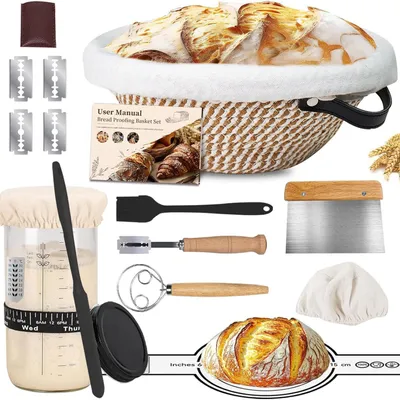 Produktbild von Gliese 10-teilig Gärkorb Brot Set, 23 cm Gärkorb rund und Komplettset Backzubehör, Gärkörbchen für Brot brot backen Einsteigerset für Anfänger