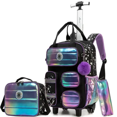 Immagine prodotto di Trolley per scuola, modello da bambina, colore lilla e nero, dimensioni 45x30x20 cm, con borsa per il pranzo e astuccio
