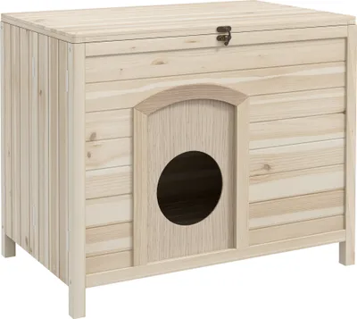 Produktbild von PawHut domeček pro malá zvířata skládací klec pro malá zvířata, dřevěný domeček pro zvířata, dřevěný domeček pro kočky, psy do 13,5 kg, vnitřní, 78 x 51 x 62 cm, přírodní dřevo