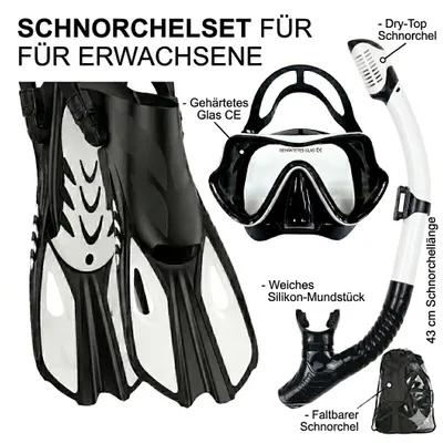 Image de Kit de plongée libre pour adultes - avec palmes, masque panoramique, tuba sec, taille L/XL