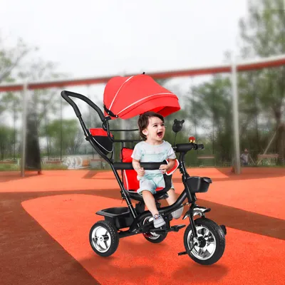 Produktbild von 4 in 1 Baby-Dreirad Kinderdreirad Lenkstange Fahrrad Baby Kinderwagen rot