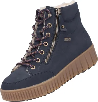 A single blue boot with a brown sole is shown against a white background.