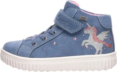 A single blue child's high-top sneaker with a unicorn design.