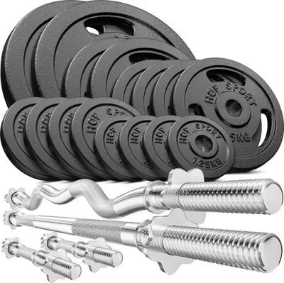 Produktbild von Hop-Sport GUSS Hantelset 116 kg, 1x Langhantel, 1x SZ Stange & 2X Kurzhantel inkl. 16 Hantelscheiben 2x20kg, 2x10kg, 4x5kg, 4x2,5kg, 4x1,25kg