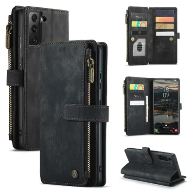 Collage of images showing a black leather wallet-style phone case for a Samsung Galaxy S22 5G, displaying its features like card slots, zipper pocket, and stand function.