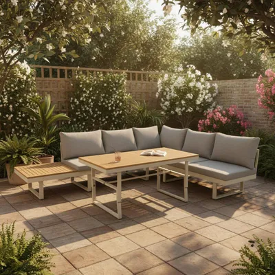 Produktbild von greemotion Gartenlounge-Set Lima Lounge-Set Beige-Holz / Grau inkl. Auflagen & Tisch