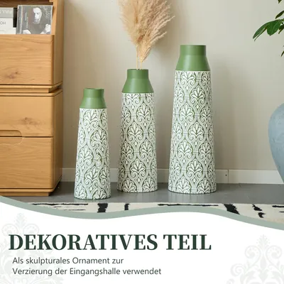 Immagine prodotto di MODFU, set di 3 vasi da pavimento, in metallo con motivi ornamentali verde e bianco, altezza 61,5/51/43,5 cm, ideali per soggiorno e ingresso