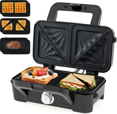 Image de Appareil 3 en 1 pour sandwichs, gaufres et paninis, plaques antiadhésives